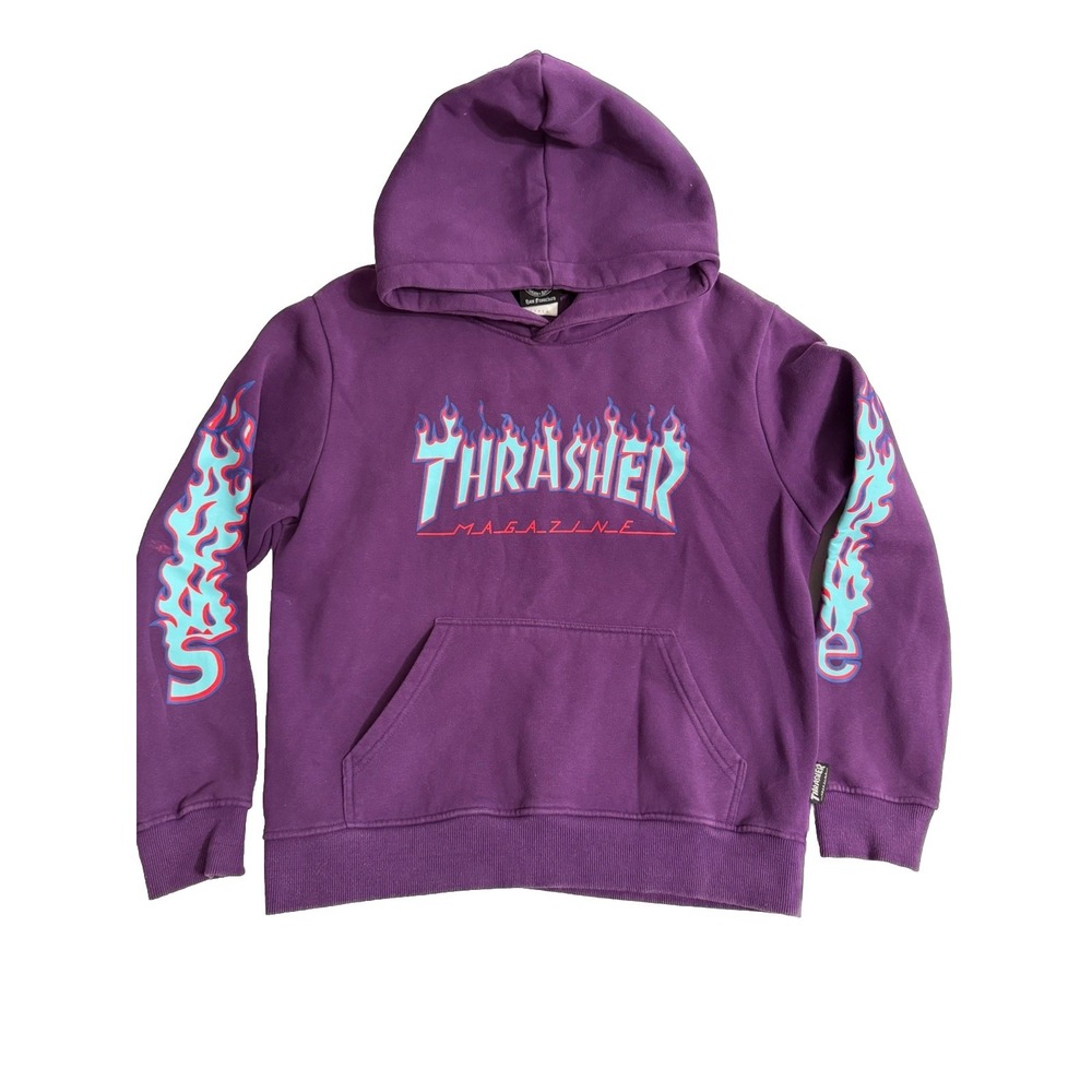 Thrasher Flame Logo Purple Cotton Fleece Hoodie Graphic Print Size L